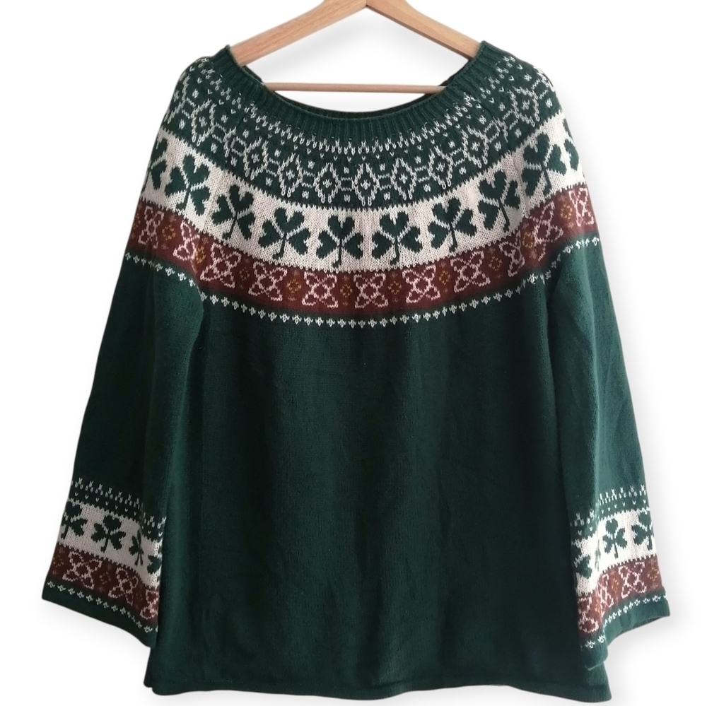 Handmade Knit Shamrock Fair Isle Green Wide Neck Sweater XL (Fits Various)